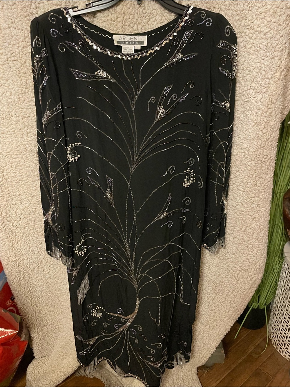 Elegant vintage beaded evening gown -silk with shoulder pads